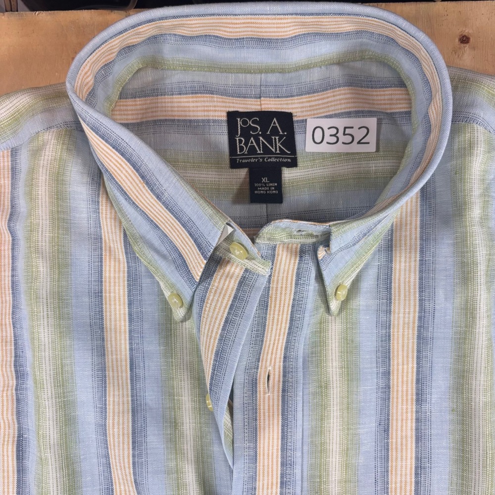 Jos A Bank Mens XL 100% Linen Shirt Blue Green Stripe Short Sleeve NWT Button Up - Picture 2 of 5